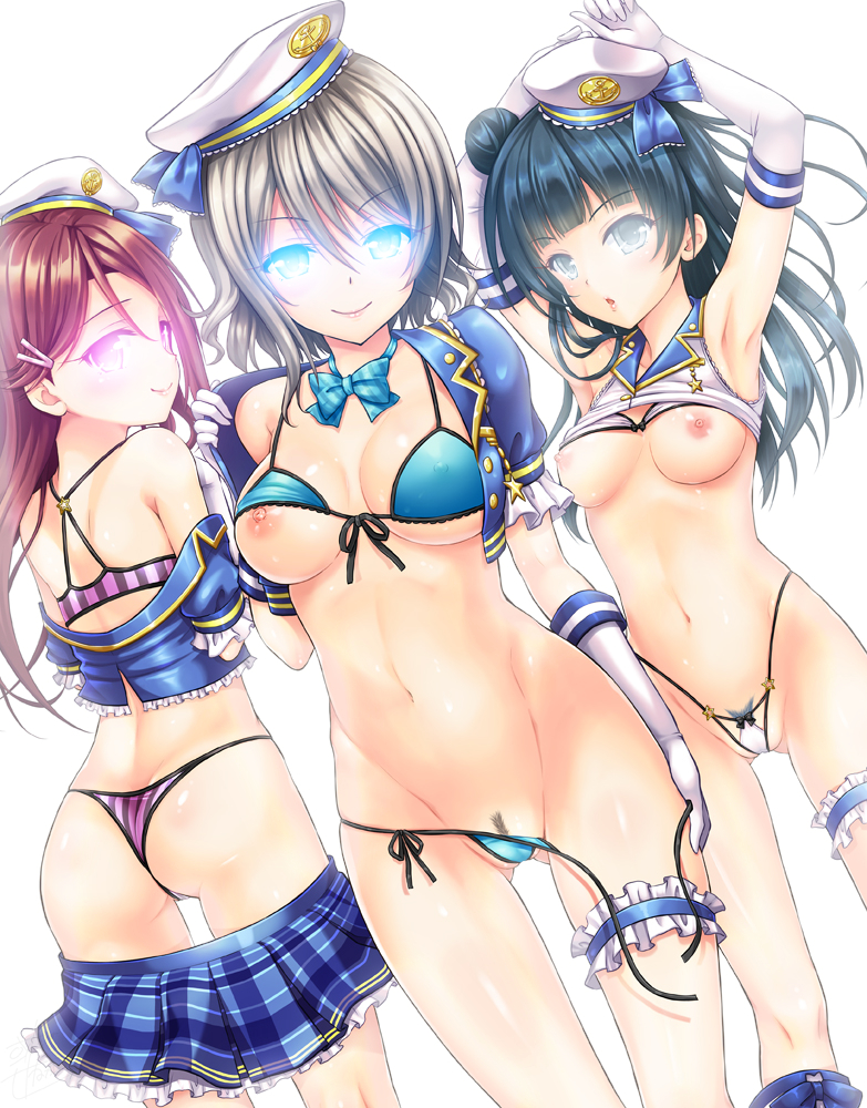Riko, You, and Yoshiko stripping nude while smiling seductively.